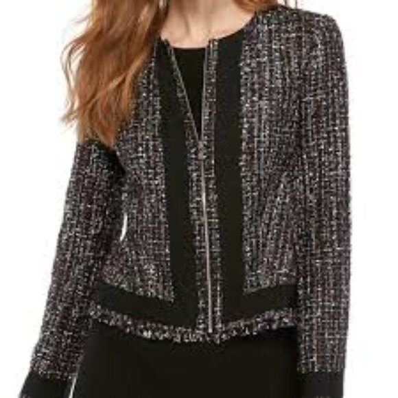 Calvin Klein tweed metallic wool blend zip up blazer jacket size 12 - Picture 1 of 8